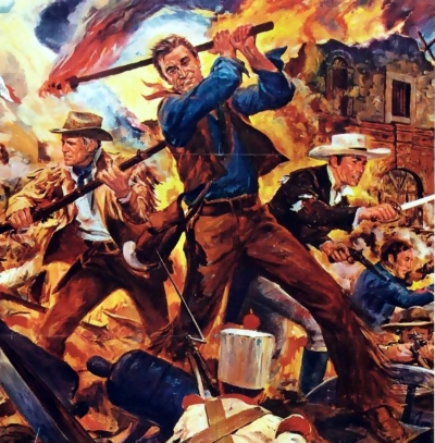 Poster art of Davy crockett (John Wayne), 
along with Jim Bowie (Richard Widmark) and Travis (Lawrence Harvey) from the film 'The Alamo'