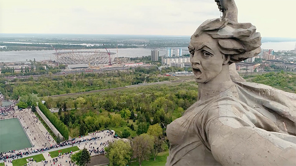aerial photo of the gigantic 
Motherland Calls monument in Volgograd