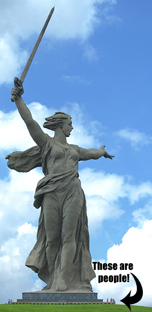This is a photo of the 
'Motherland Calling' monument in Volgograd (formerly Stalingrad). It is a woman holding an upraised sword.
