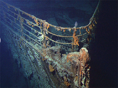 photo of the Titanic at the bottom 
of the ocean.