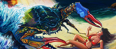 painting of giant crab attacking a 
beautiful woman on the beach