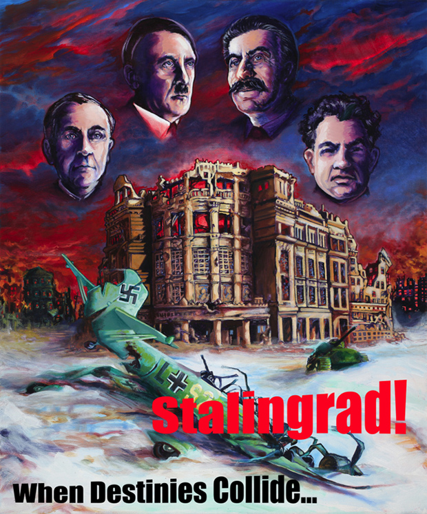  This is a painting of Joseph Stalin, Adolf Hitler, 
German General Paulus and Russian General Chuikov. The painting also shows a battle scene from the fighting.