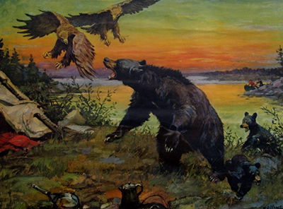 painting of two men on a canoe, returning to 
their campsite and finding bears are there.