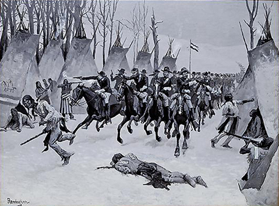 Painting showing Custer leading the 
7th Cavalry into Chief Black Kettle's camp on the Washita River.